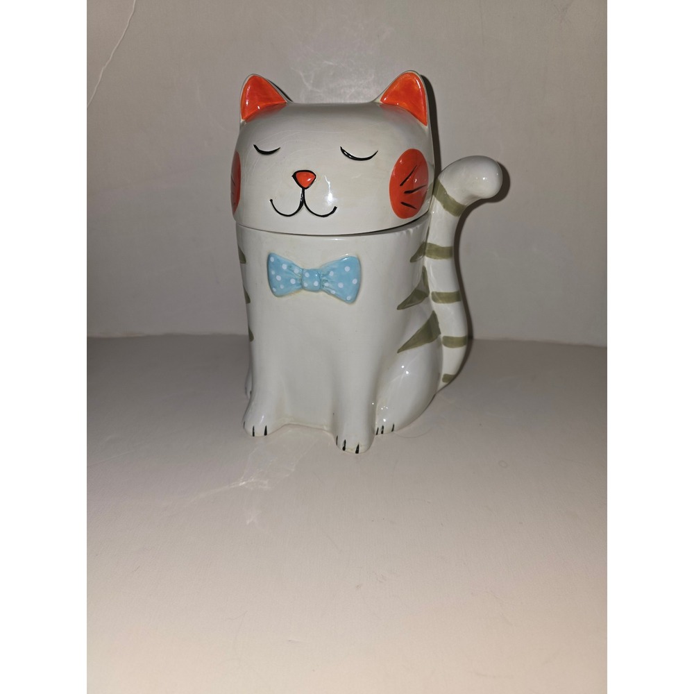 Ceramic‎ Cat Cookie Jar White with Blue Bow Tie and Orange Accents Hand Painted